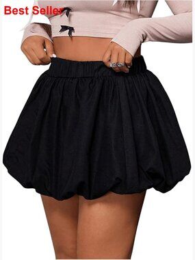 Plus Size Bubble Mini Skirt High Waist Ruffle Hem Stretch Fabric
